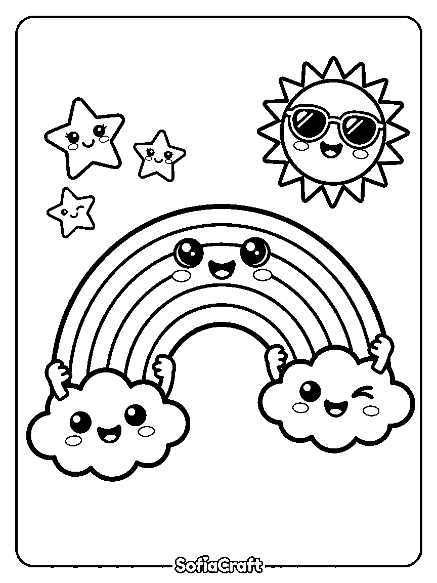 Coloring page of a smiling rainbow held by two clouds, a sun wearing sunglasses, and winking stars