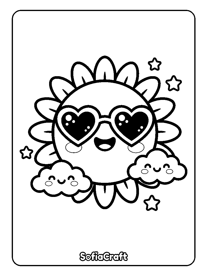 Coloring page of a large smiling sun wearing heart-shaped glasses, surrounded by two small clouds and stars