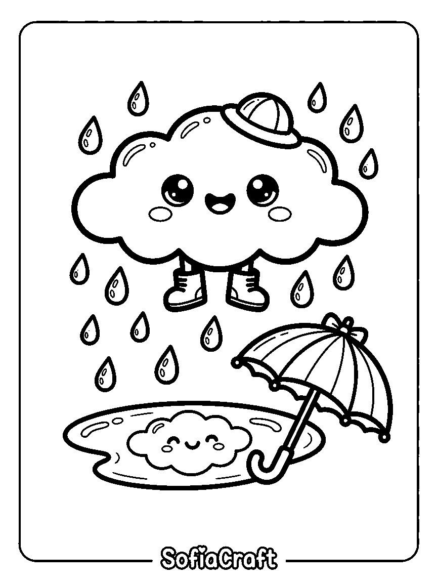 Coloring page of a rain cloud wearing a cap and boots above a puddle with a smiling reflection and an open umbrella