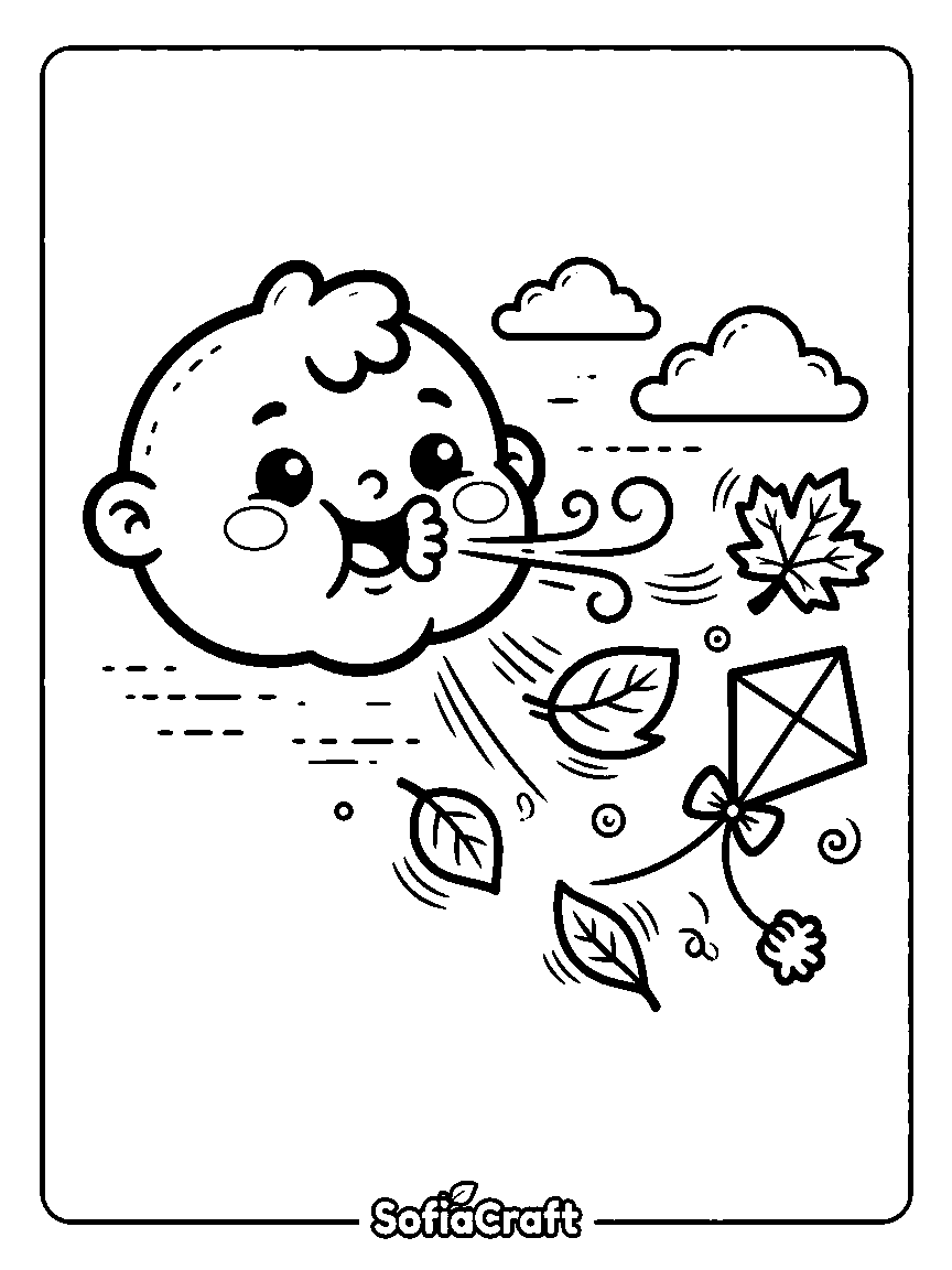 Coloring page of a chubby-cheeked wind character blowing swirls of air with leaves and a small kite