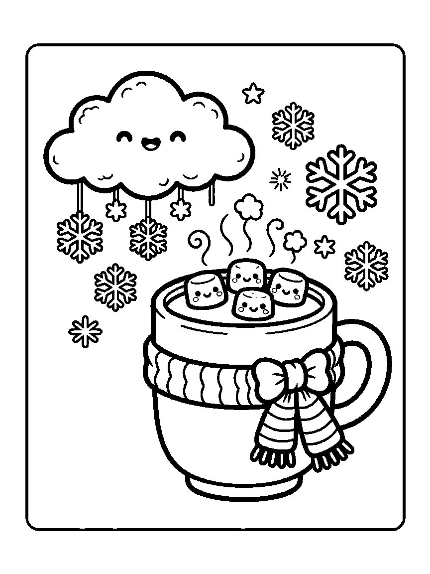 Coloring page of a smiling snow cloud hanging snowflakes over a cocoa mug with marshmallows and a scarf