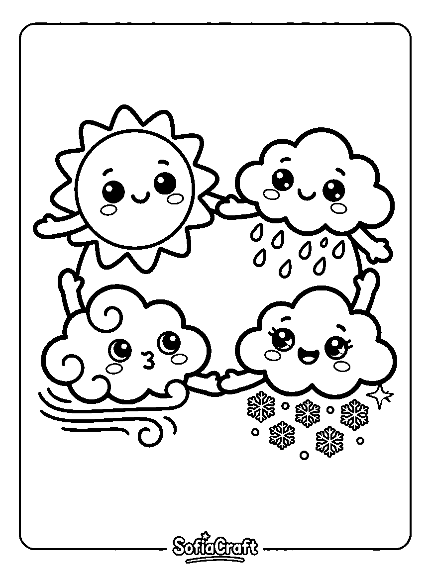 Coloring page of a sun, rain cloud, snow cloud, and wind cloud holding hands in a circle with snowflakes