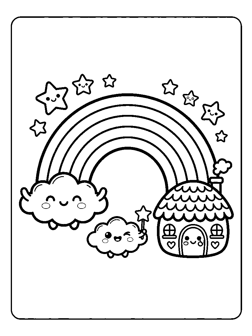 Coloring page of a rainbow arching toward a small cottage with a face, with two smiling clouds and a star wand