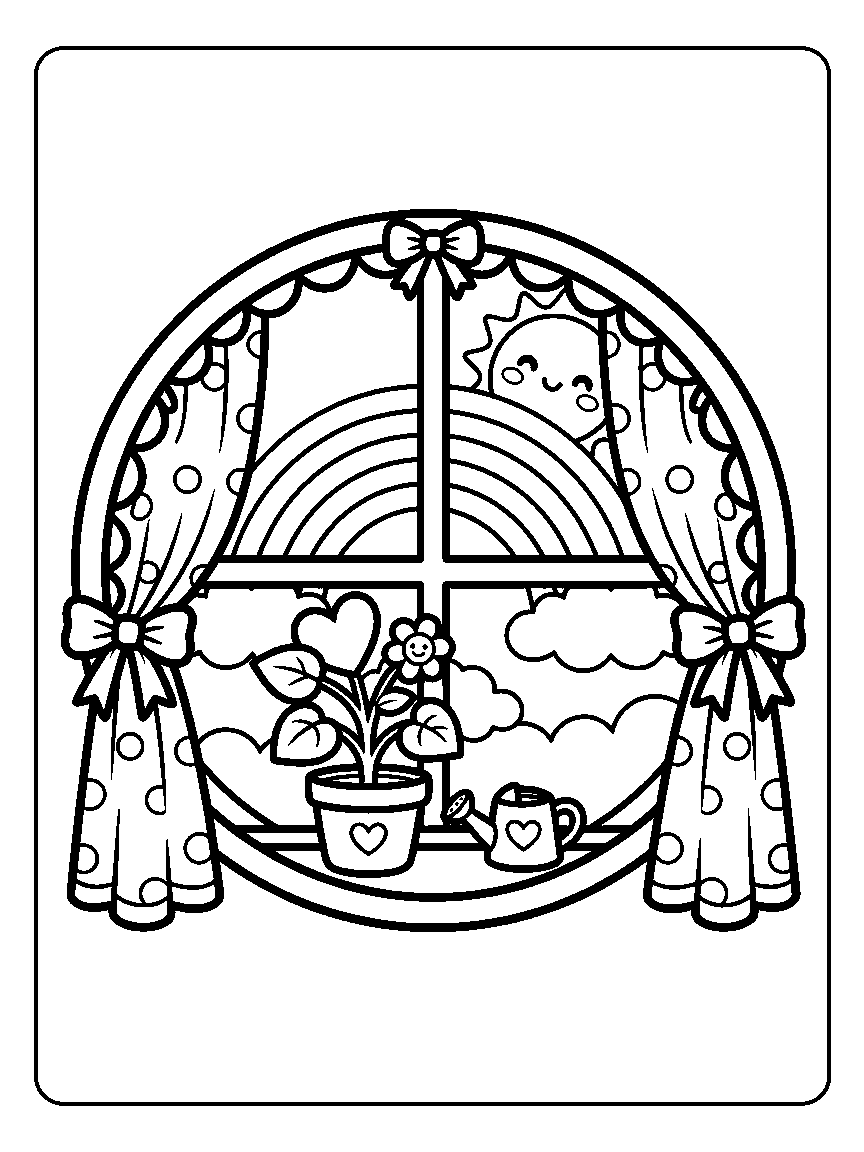 Coloring page of a round window with bow-tied curtains showing a rainbow and sun, a flower pot and watering can on the sill