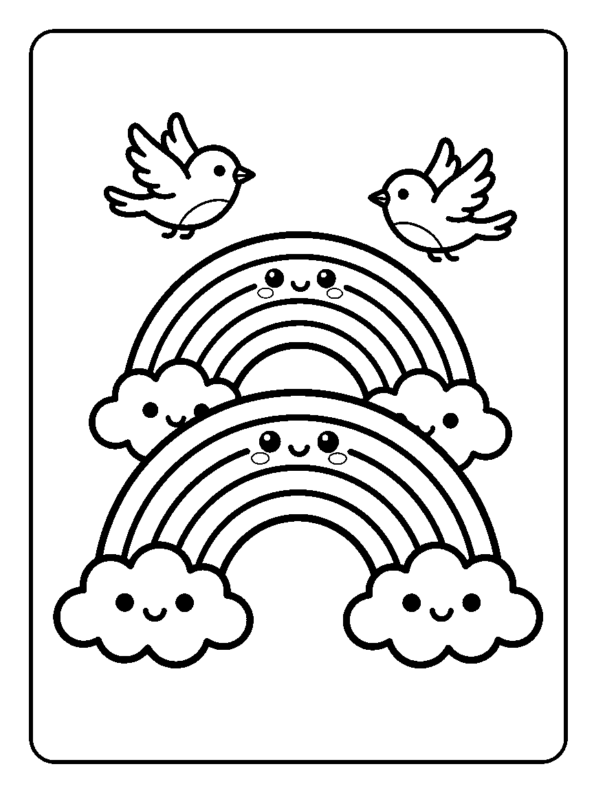 Coloring page of two stacked rainbows with faces, four smiling clouds, and two flying birds