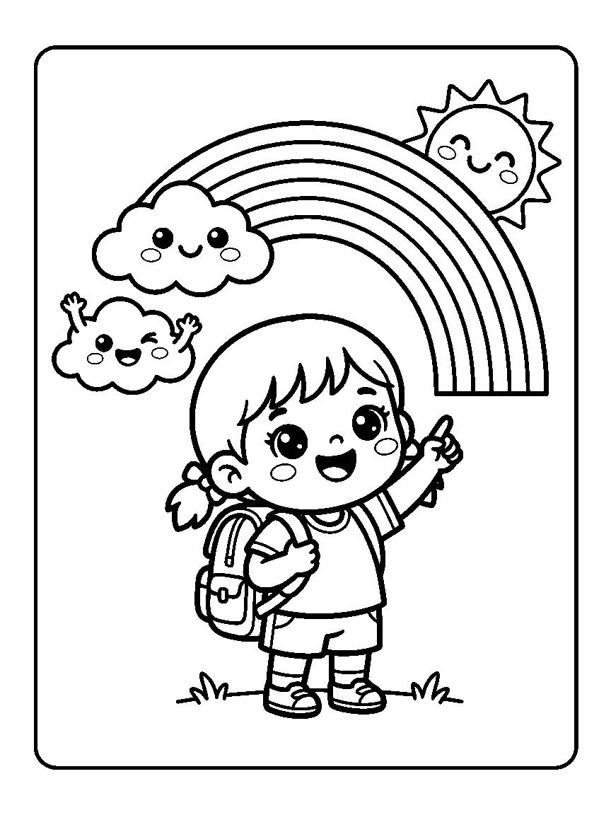 Coloring page of a child with pigtails and a backpack pointing at a rainbow, with a smiling sun and two waving clouds