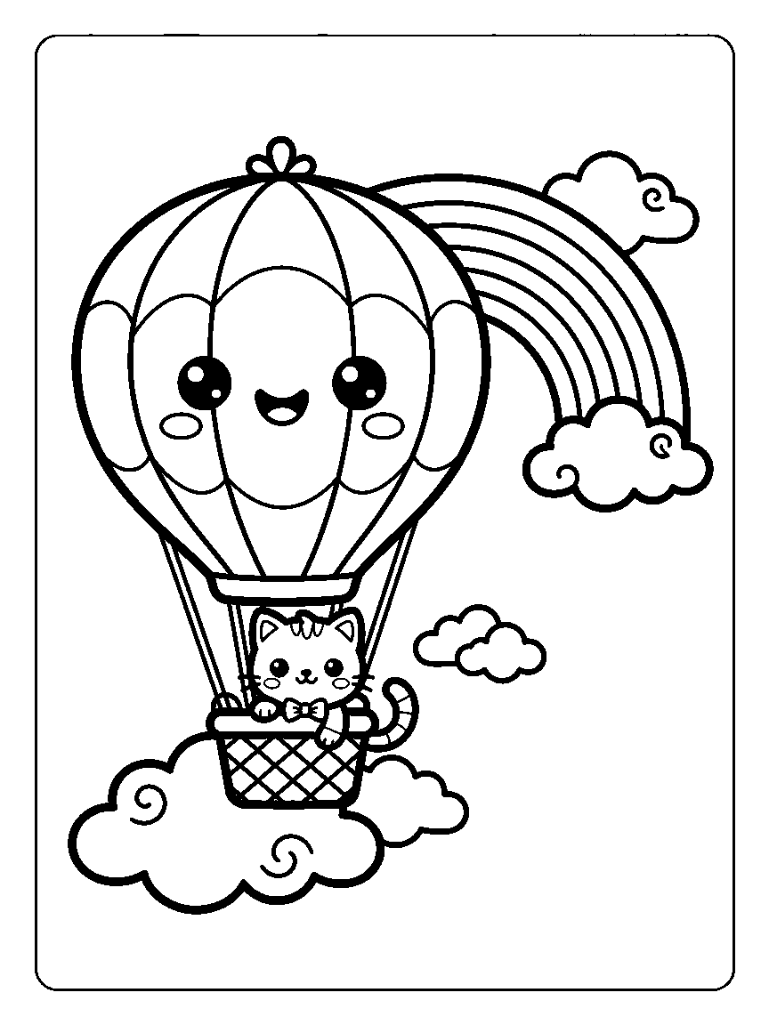 Coloring page of a hot air balloon with a face carrying a cat in its basket, beside a rainbow and fluffy clouds