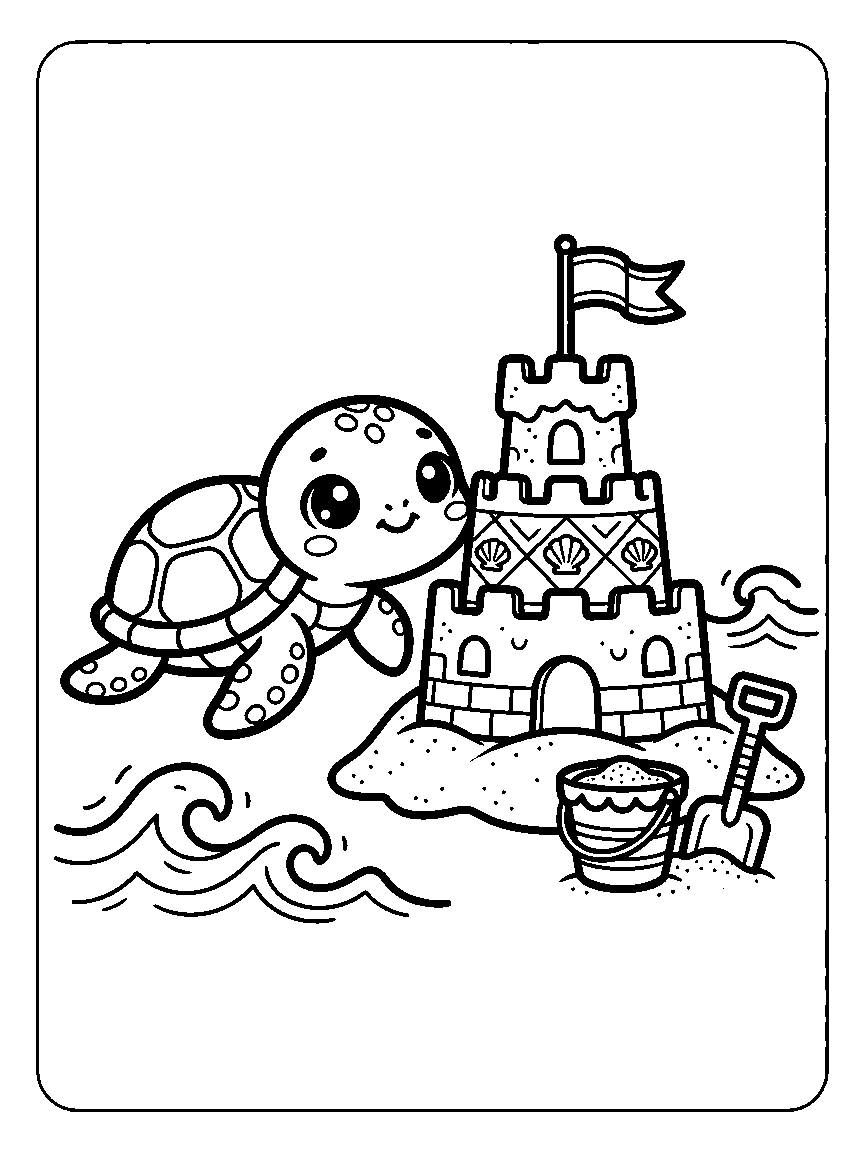 Coloring page of a baby sea turtle next to a three-tier sandcastle with a flag, bucket, shovel, and waves