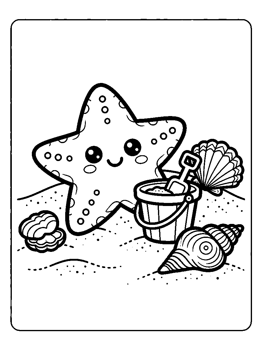 Coloring page of a smiling starfish with three seashells, a sand bucket, and a shovel