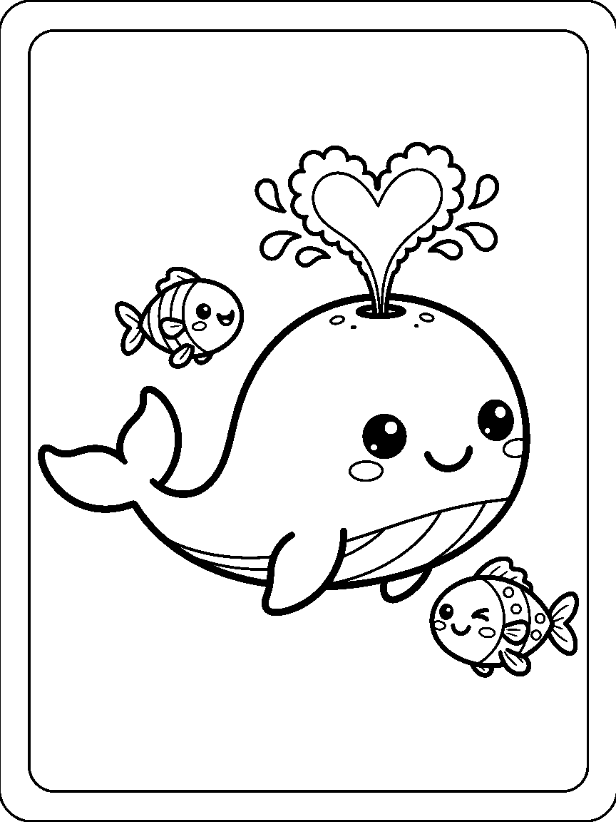 Coloring page of a chubby whale spraying a heart-shaped spout with two small fish friends
