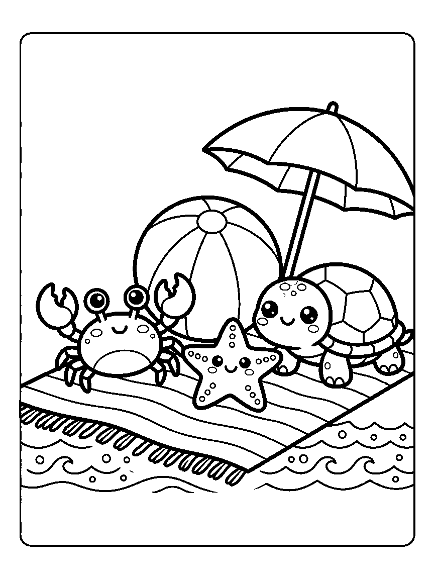 Coloring page of a turtle, crab, and starfish sitting on a striped towel with a beach ball, umbrella, and waves