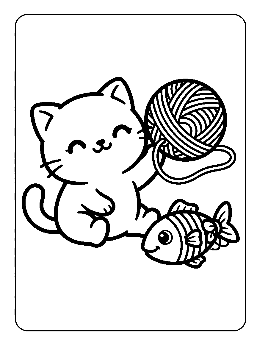 Coloring page of a round cat batting a yarn ball with a striped fish toy nearby