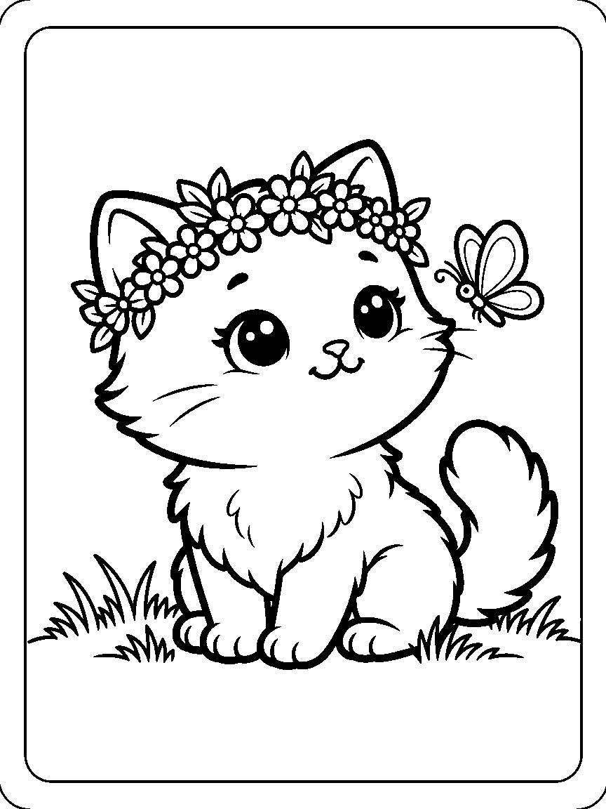 Coloring page of a fluffy cat wearing a flower crown with a butterfly and grass