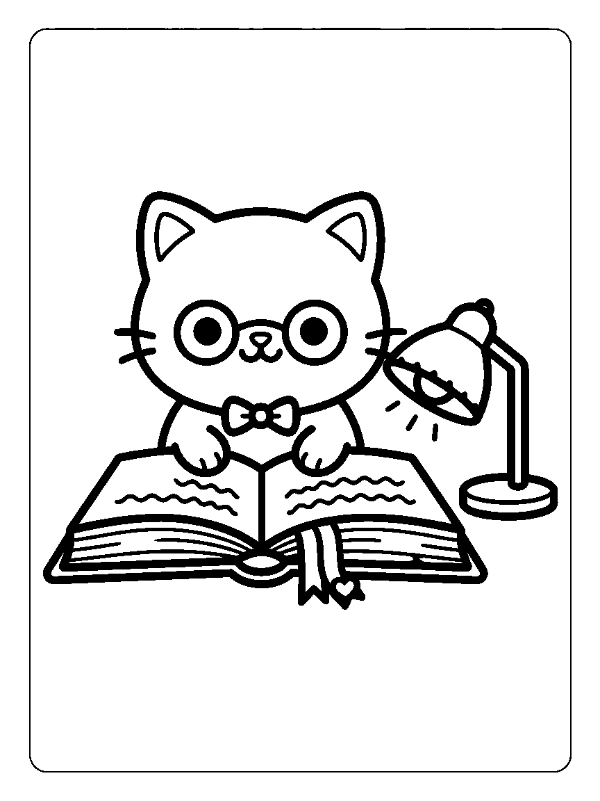 Coloring page of a cat wearing round glasses on an open book with a bookmark ribbon and lamp