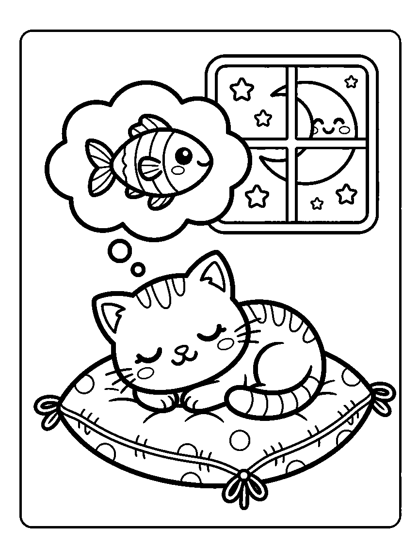 Coloring page of a sleeping cat on a cushion with a thought-bubble fish and a moon in the window