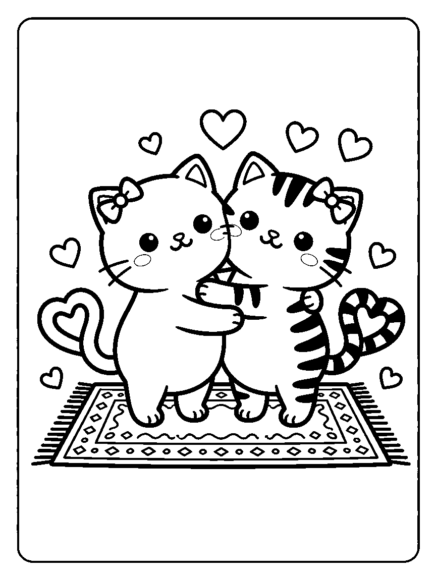 Coloring page of two round cats hugging on a rug, one striped and one plain, with hearts