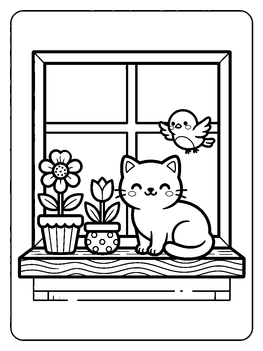 Coloring page of a cat on a window sill with two flower pots and a bird outside the glass