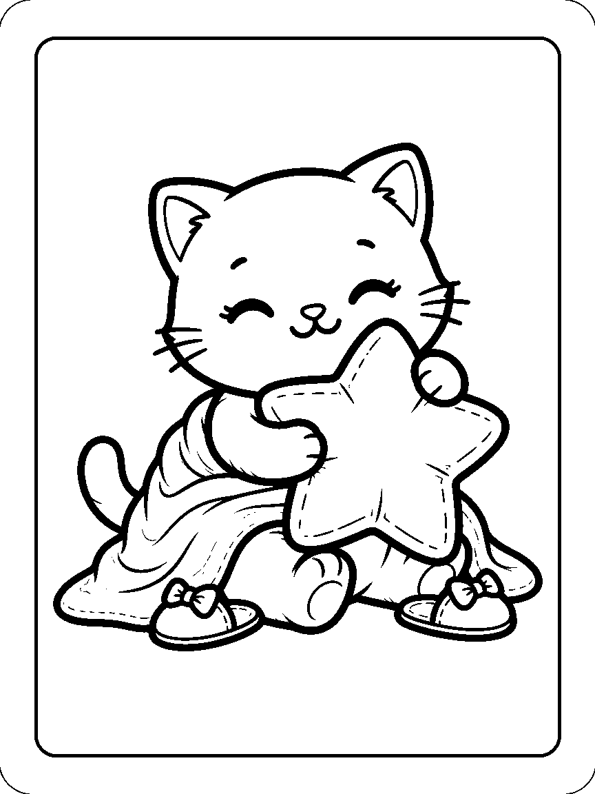 Coloring page of a kitten hugging a star pillow with a blanket fold and tiny slippers