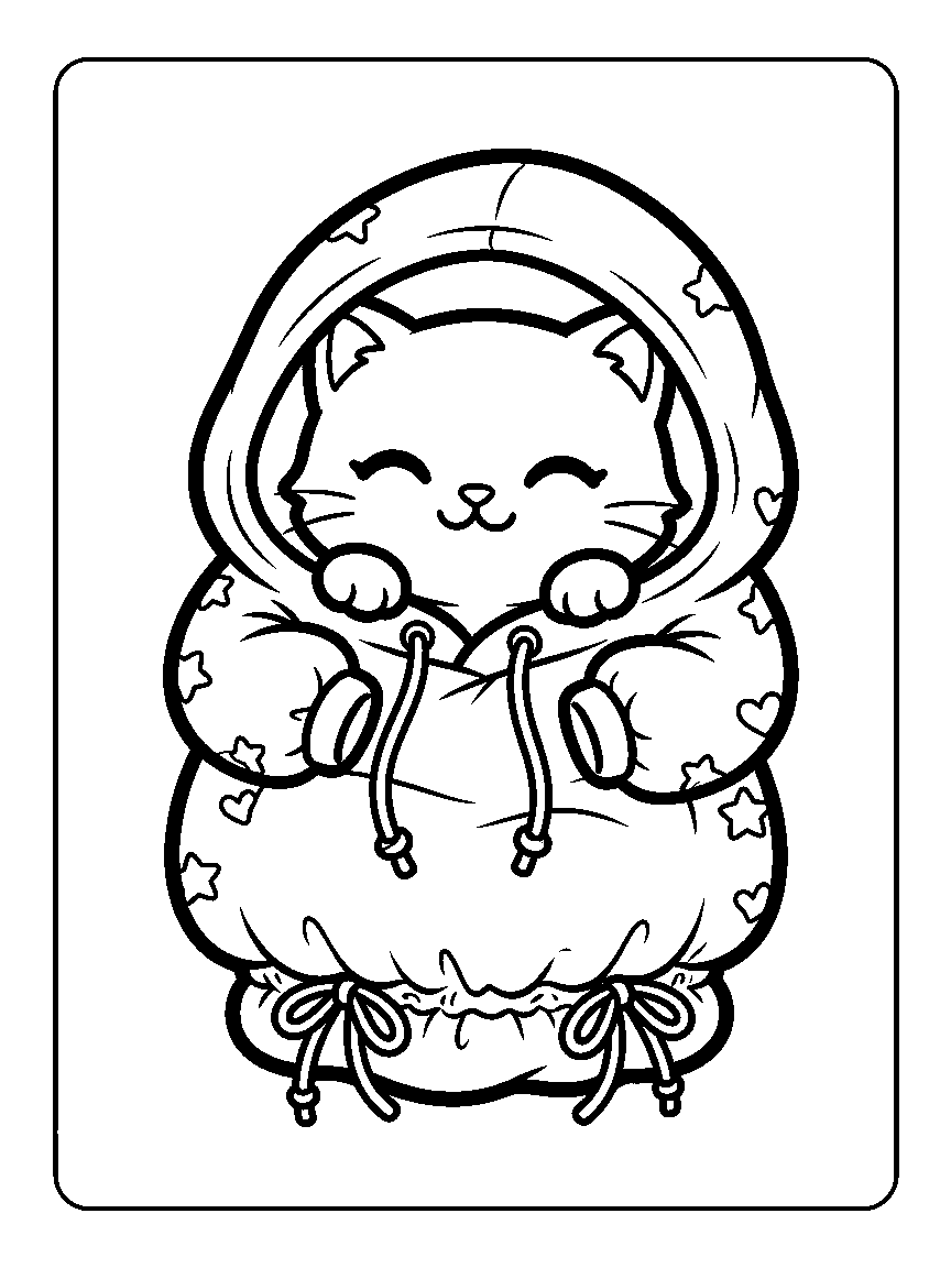 Coloring page of a kitten wearing an oversized hoodie as a sleeping bag with drawstrings