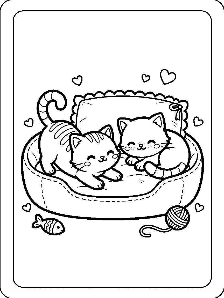 Coloring page of two kittens sharing an oval bed, one stretching and one curled