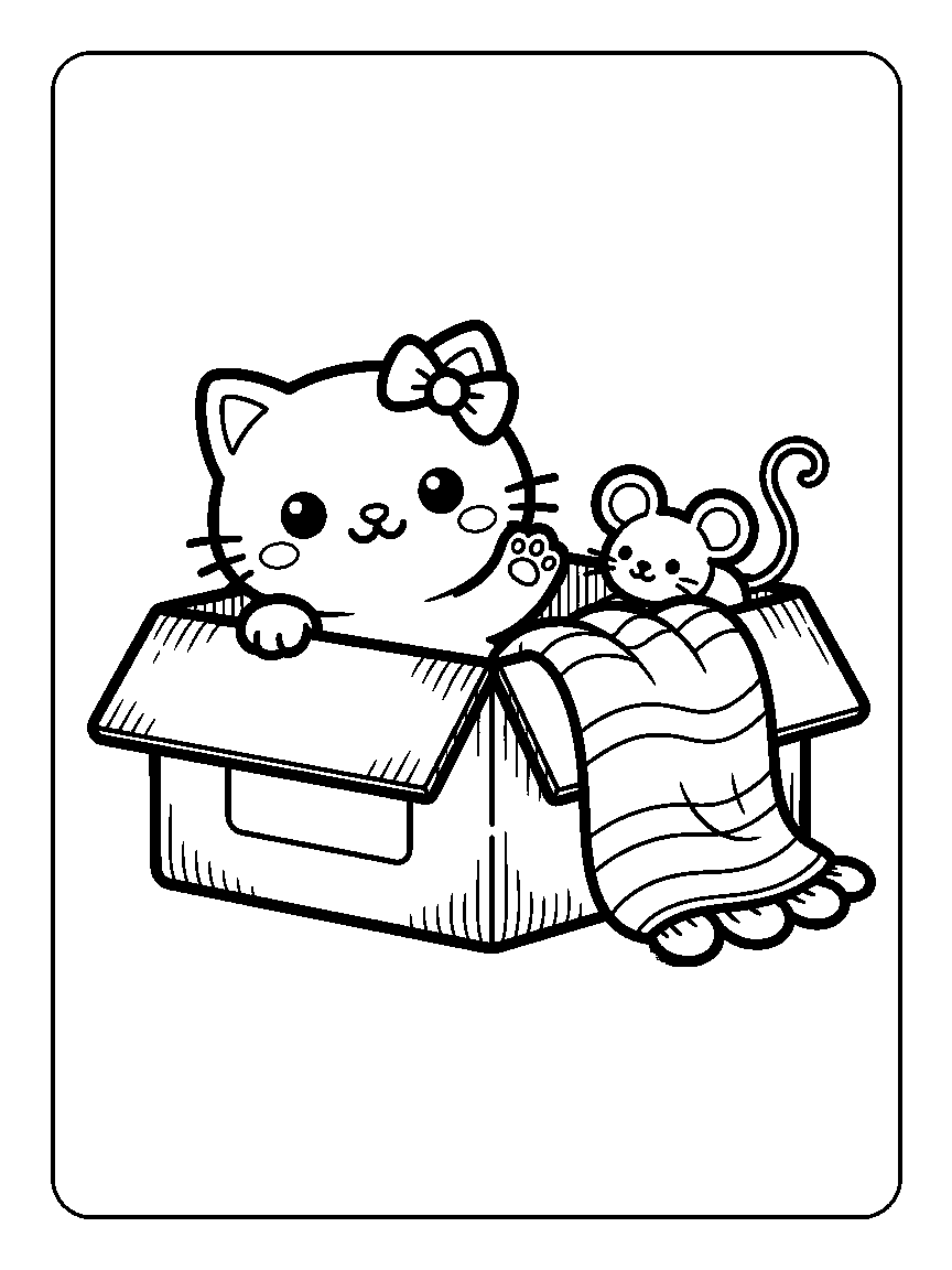 Coloring page of a kitten peeking from a cardboard box bed with a blanket and a mouse toy