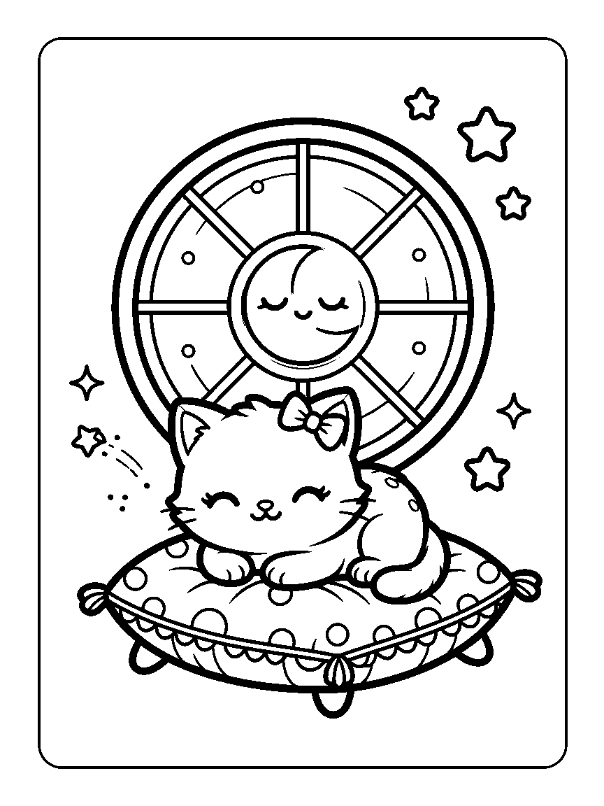Coloring page of a sleepy kitten on a cushion under a round moon window with stars