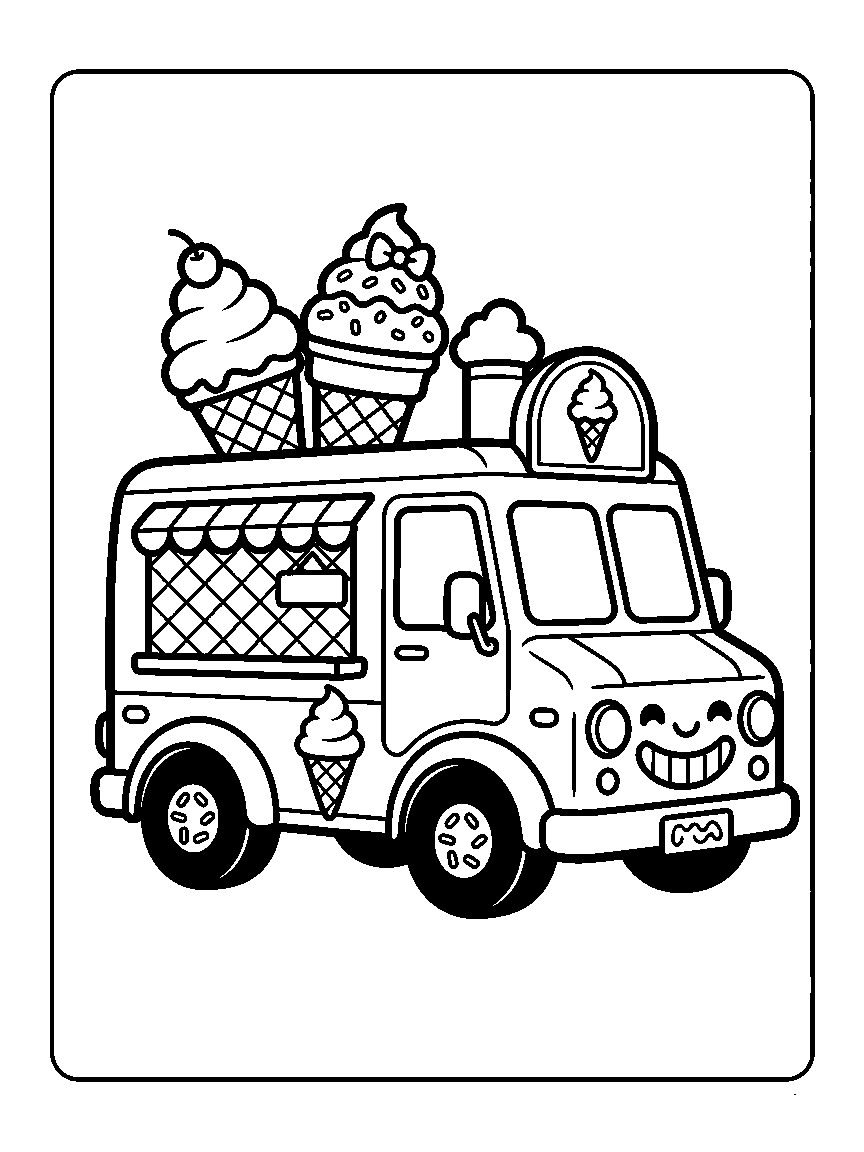 Coloring page of a kawaii ice cream truck with a smiling grille, waffle window, and cones on the roof