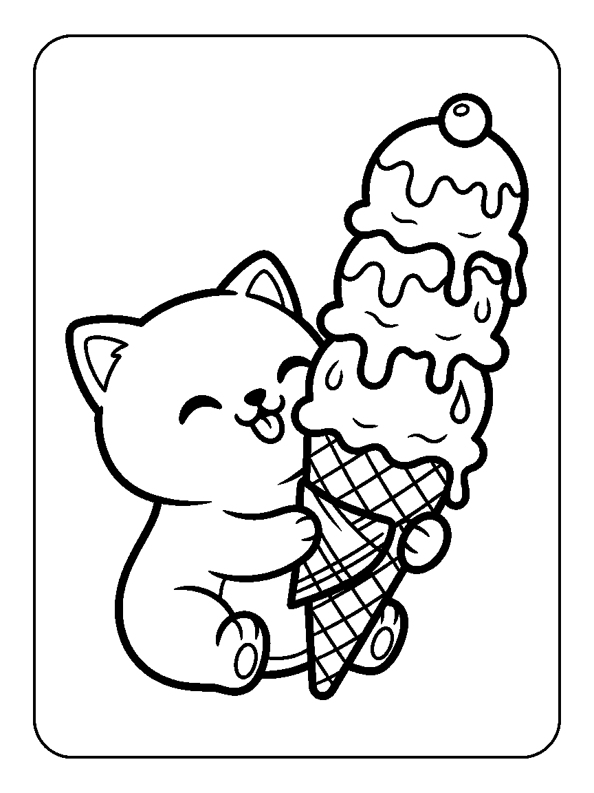 Coloring page of a round cat licking a tall dripping ice cream cone