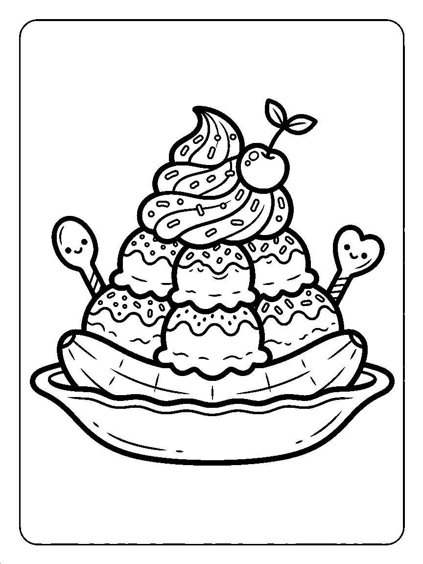 Coloring page of an ice cream sundae in a boat dish with bananas, cherry, whipped swirl, and two spoons