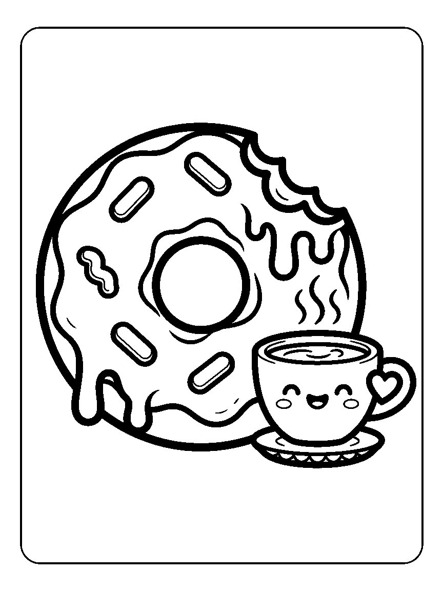 Coloring page of a big donut with icing drip and sprinkles beside a tiny smiling coffee cup