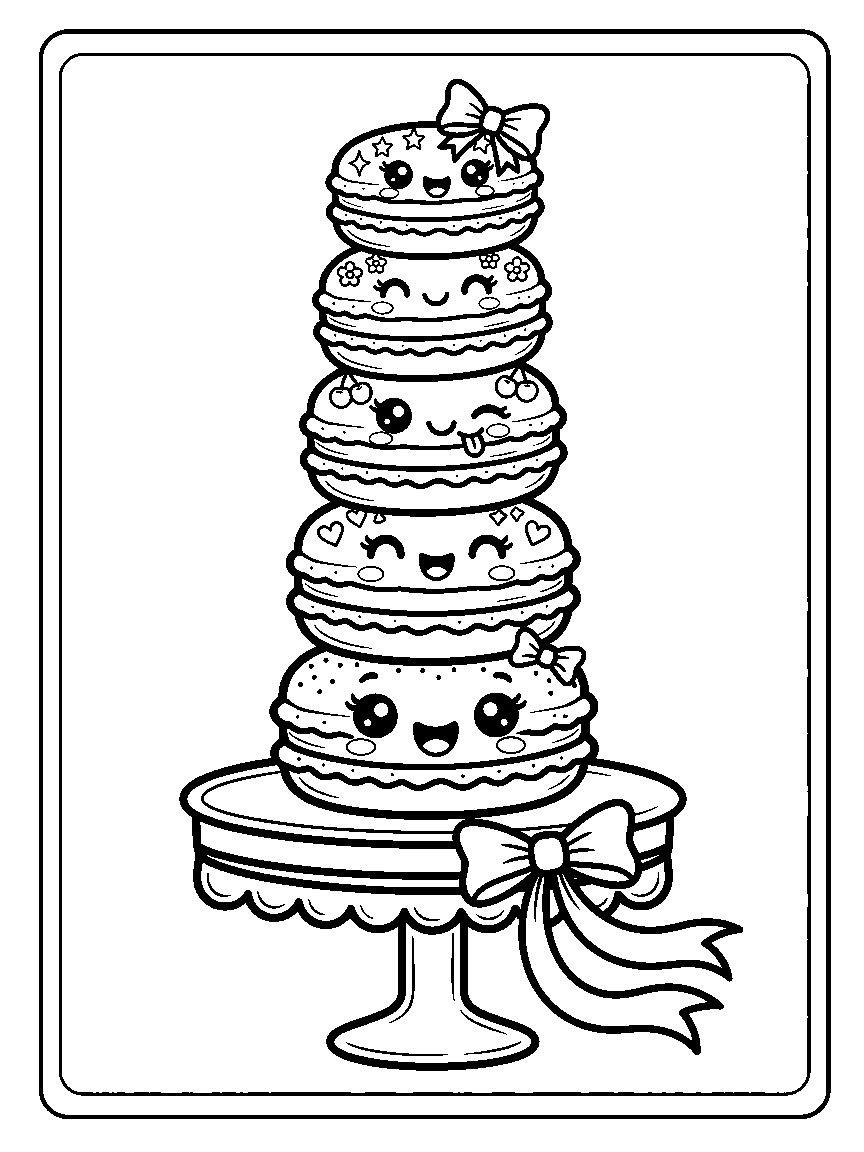 Coloring page of macarons with faces stacked on a cake stand with a ribbon