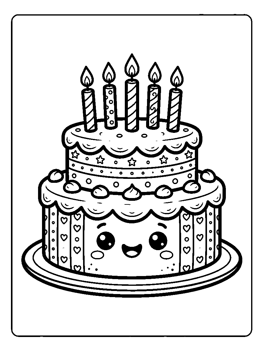 Coloring page of a two-layer birthday cake with a smiling face, candles, and a plate