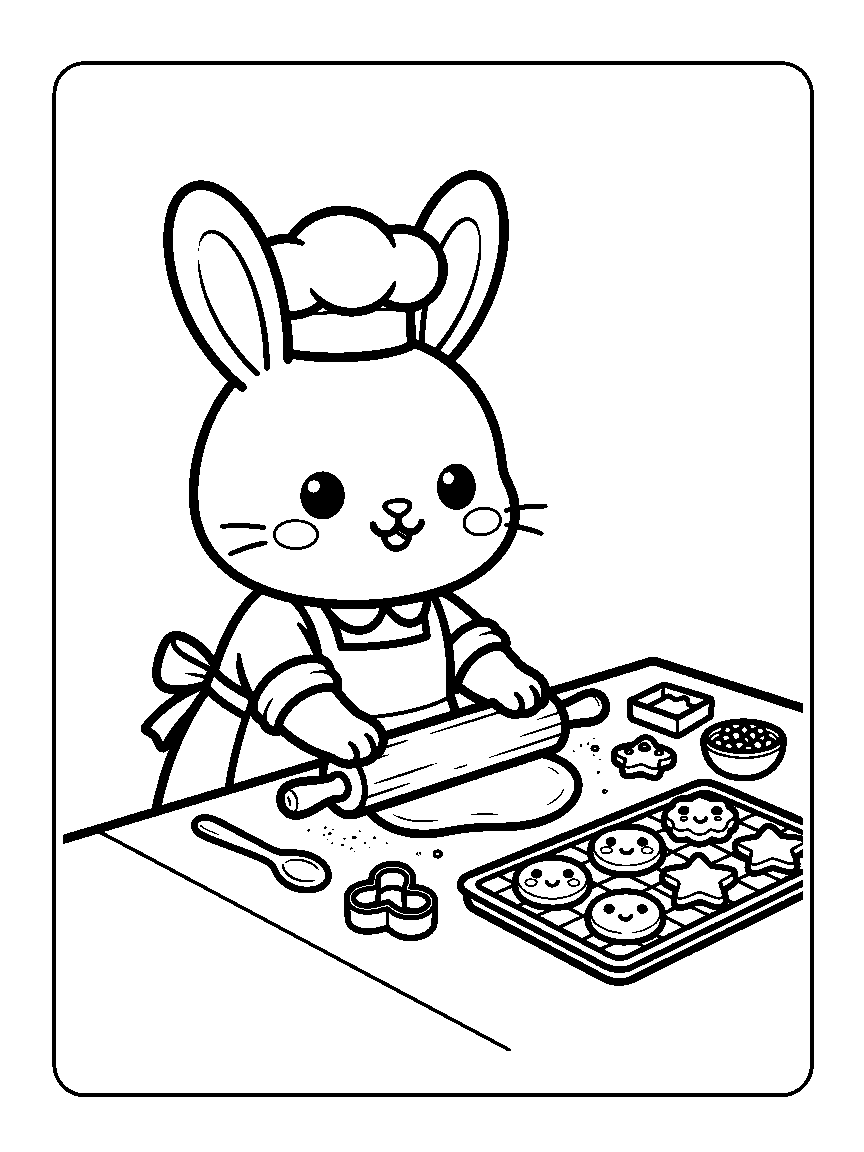 Coloring page of a baker bunny with a hat rolling dough and cookies on a tray