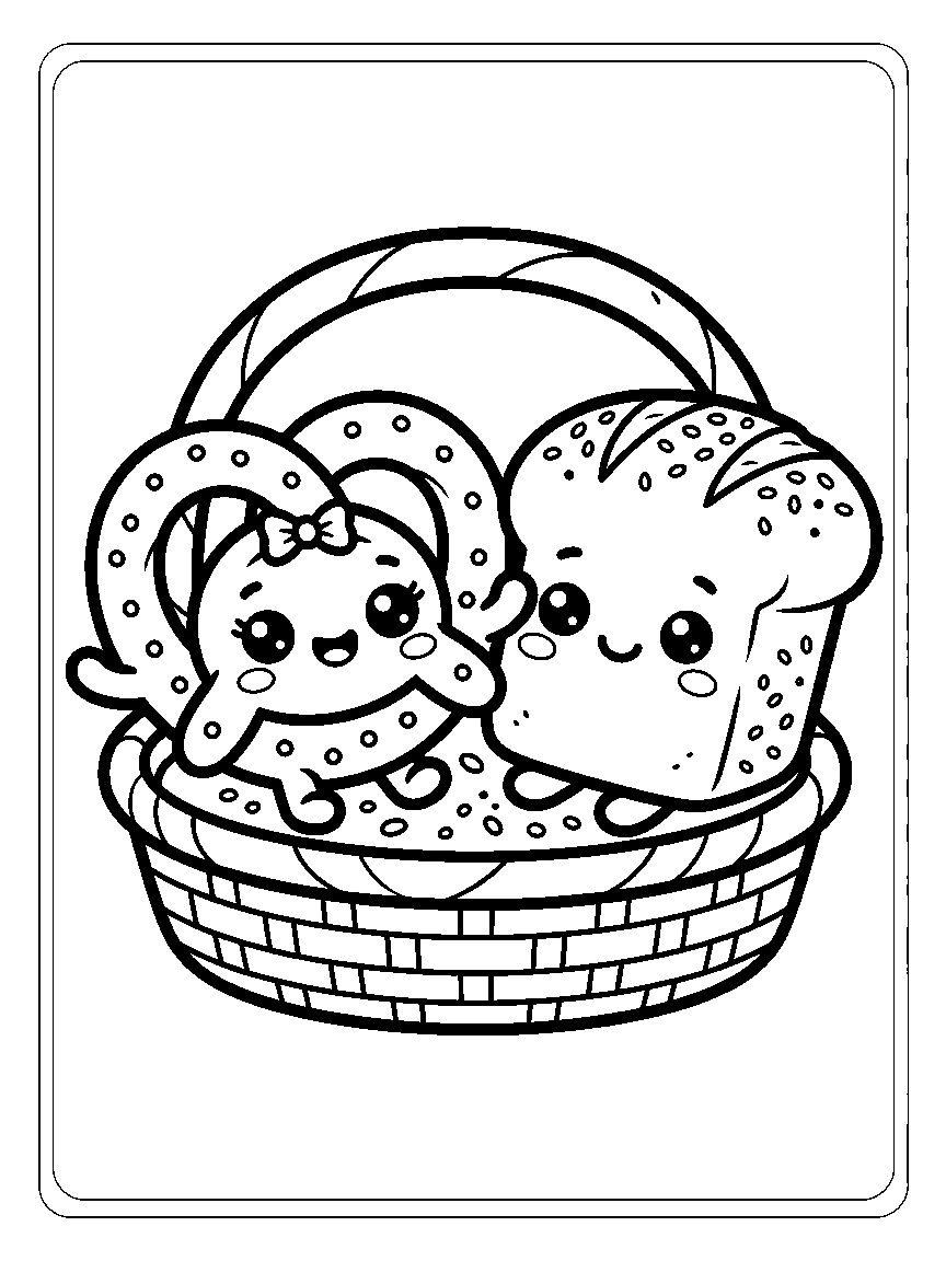 Coloring page of a pretzel friend and a loaf of bread with a face in a basket
