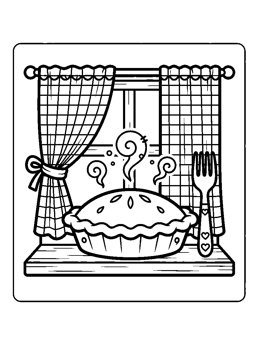 Coloring page of a pie on a windowsill with a checked curtain, steam, and a fork