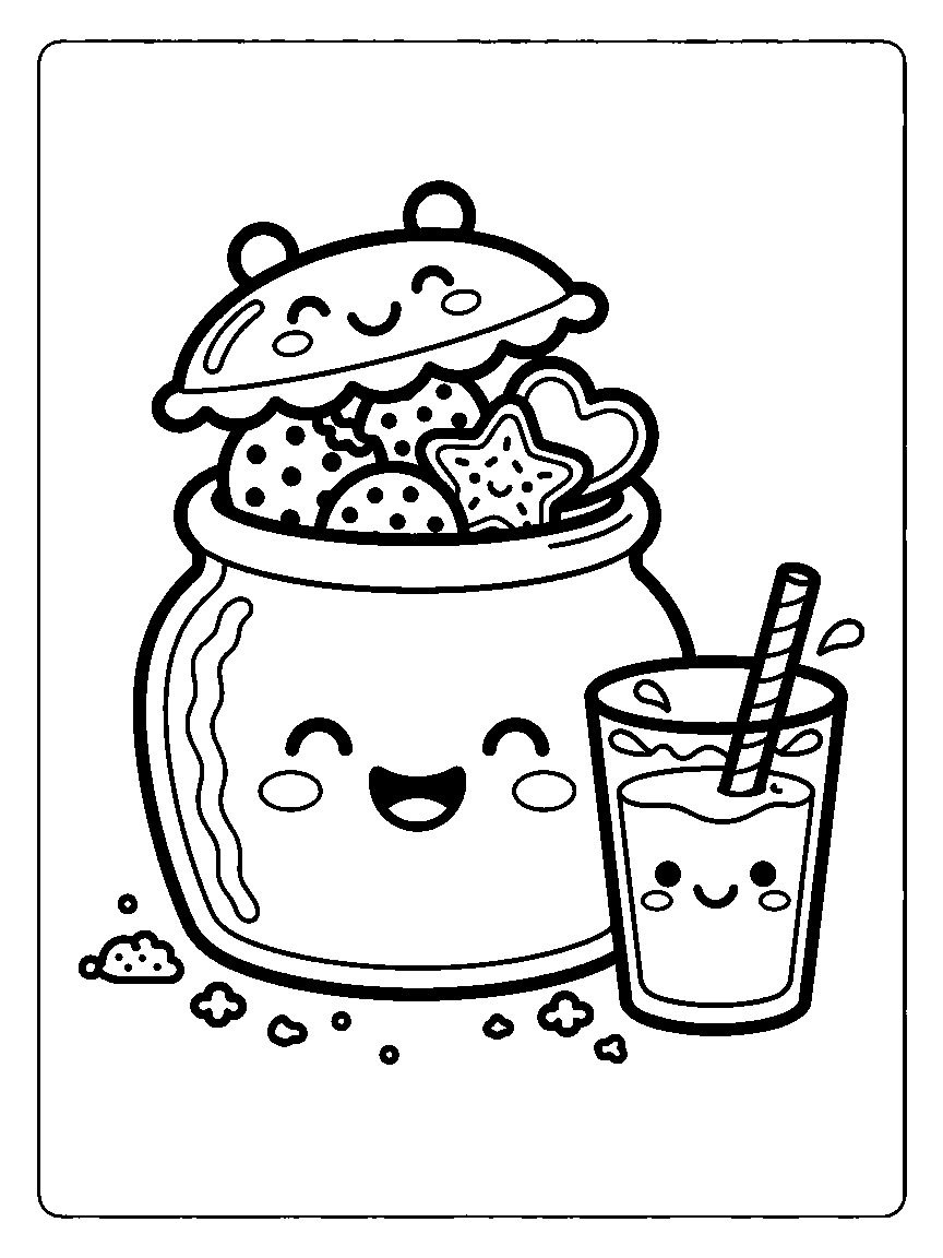 Coloring page of a cookie jar with a smiling lid, cookies peeking, crumbs, and a milk glass