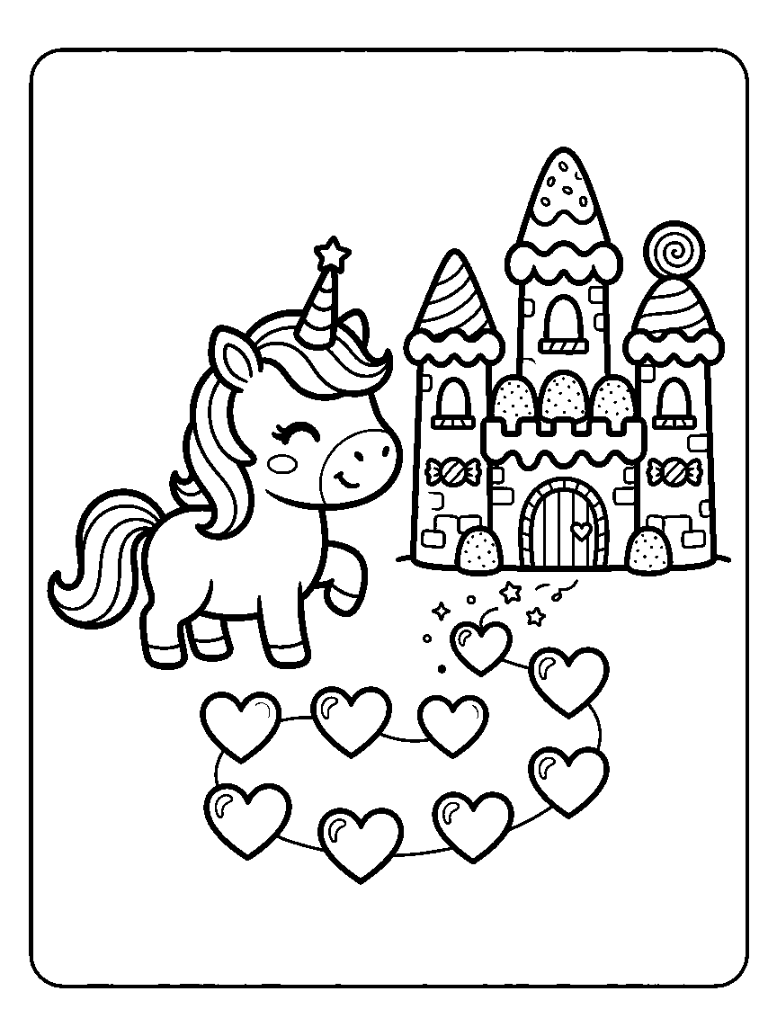 Coloring page of a unicorn beside a candy castle with gumdrop towers and a path of hearts