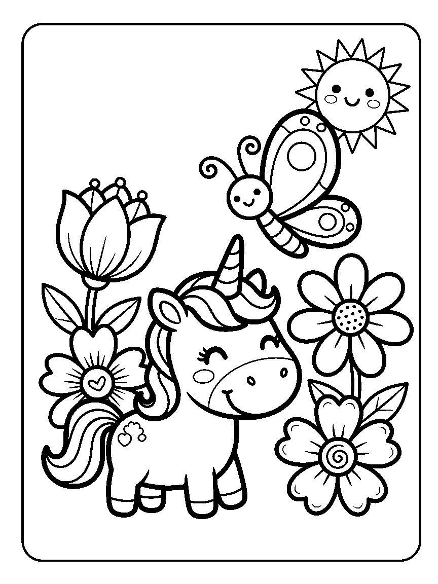 Coloring page of a unicorn among oversized flowers with a butterfly and a sun