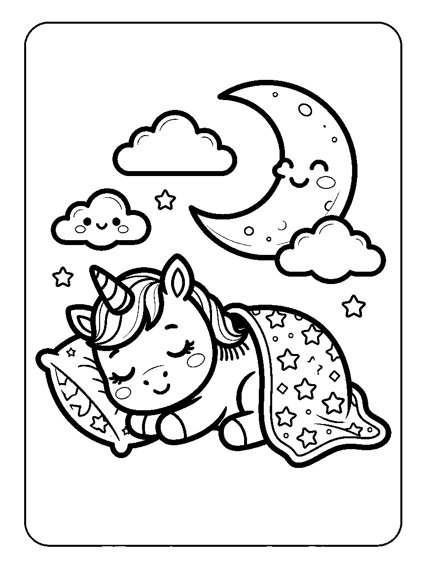 Coloring page of a baby unicorn sleeping with a star blanket, a moon, and clouds