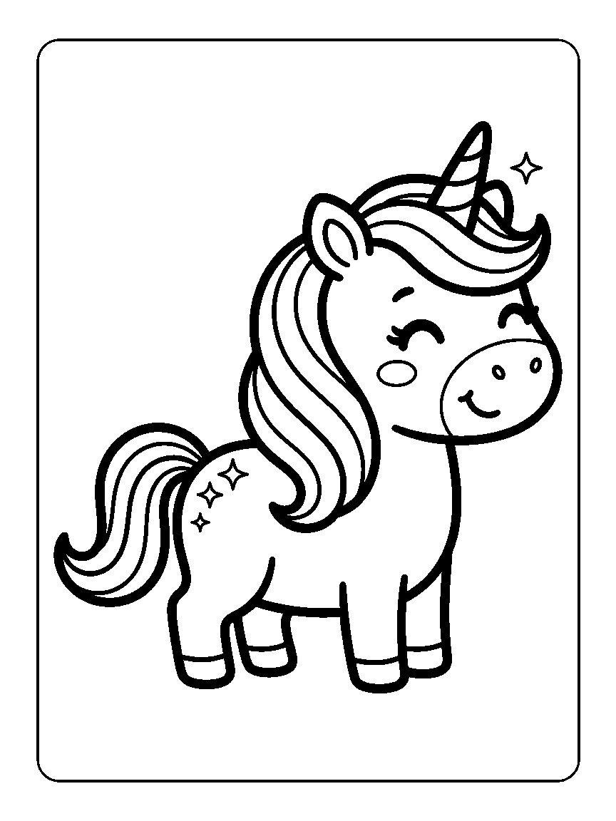 Coloring page of a standing unicorn whose mane is drawn as simple parallel rainbow bands