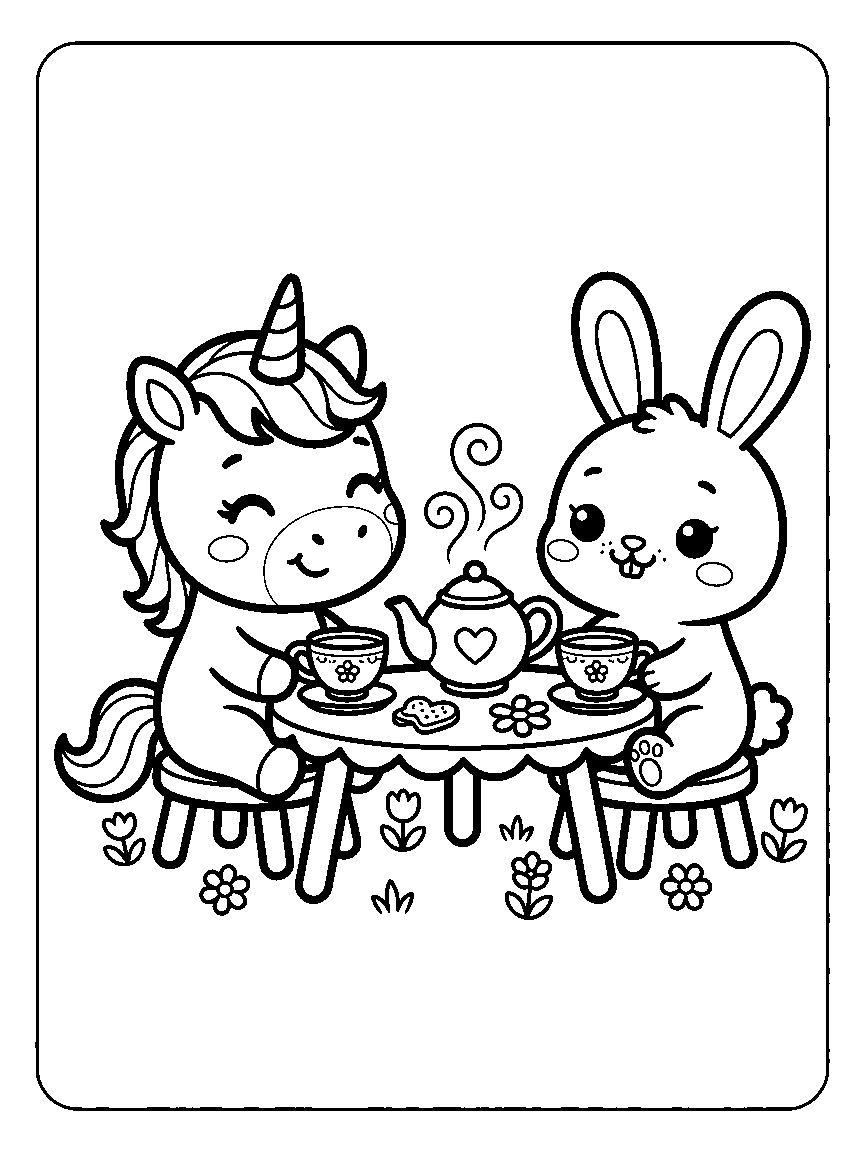 Coloring page of a unicorn and a bunny having tea at a tiny table with a teapot and cups