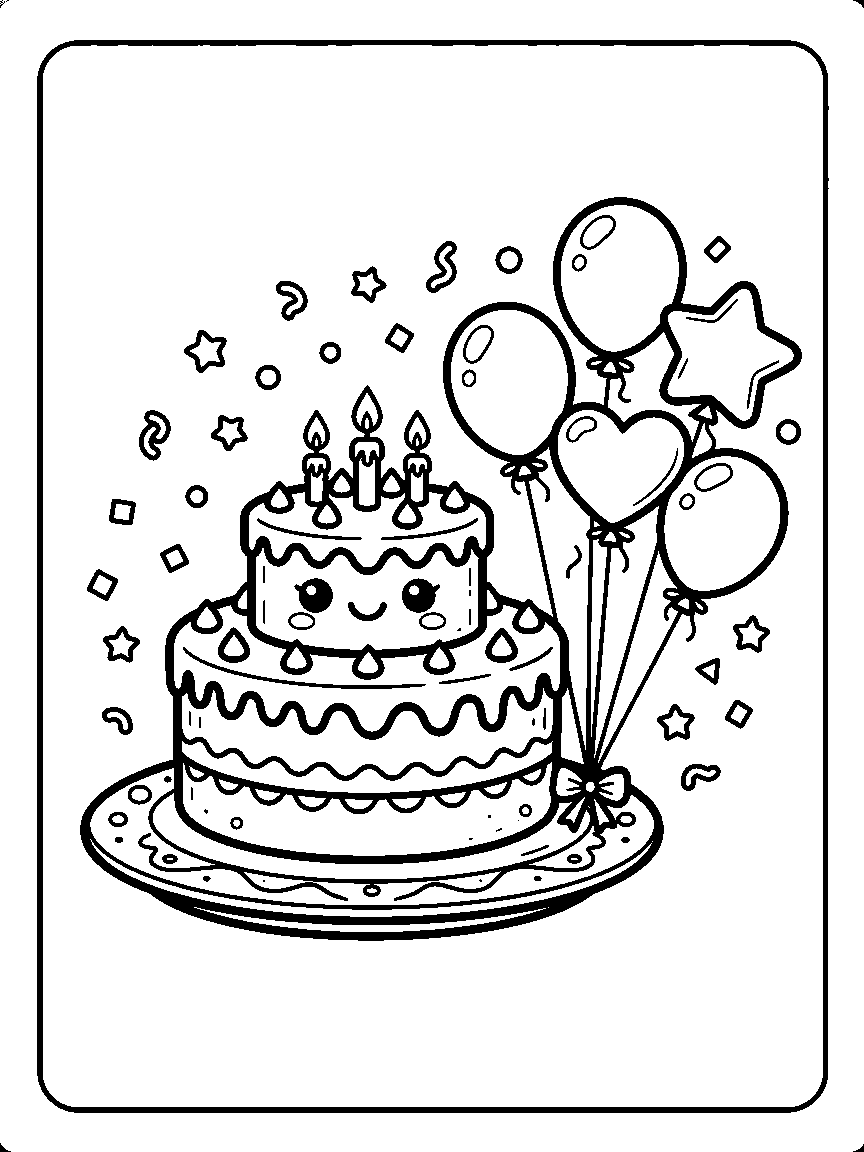 Coloring page of a smiling birthday cake with balloons tied to the plate and outlined confetti