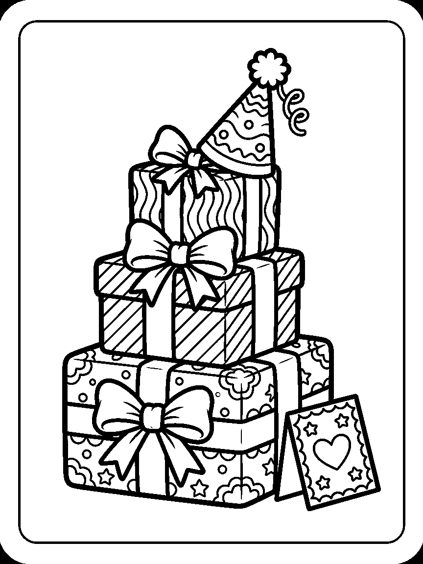 Coloring page of stacked wrapped gifts with bows, a party hat on top, and a card