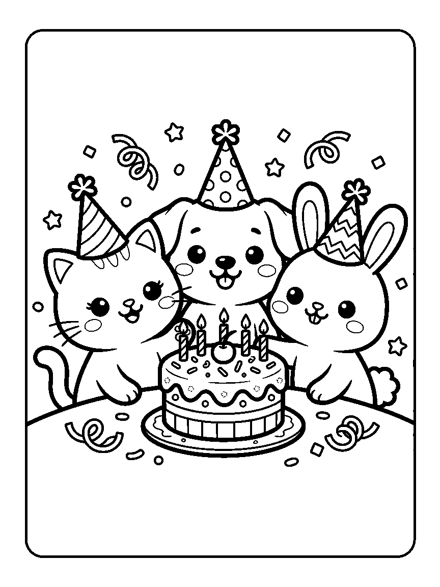 Coloring page of a cat, dog, and bunny in party hats around a small birthday cake