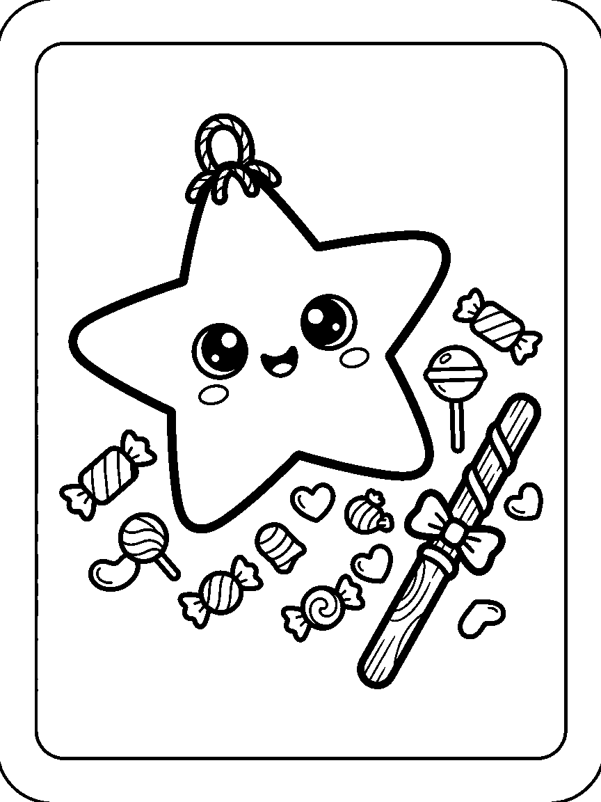 Coloring page of a star-shaped pinata with a cute face, candy pieces, and a stick