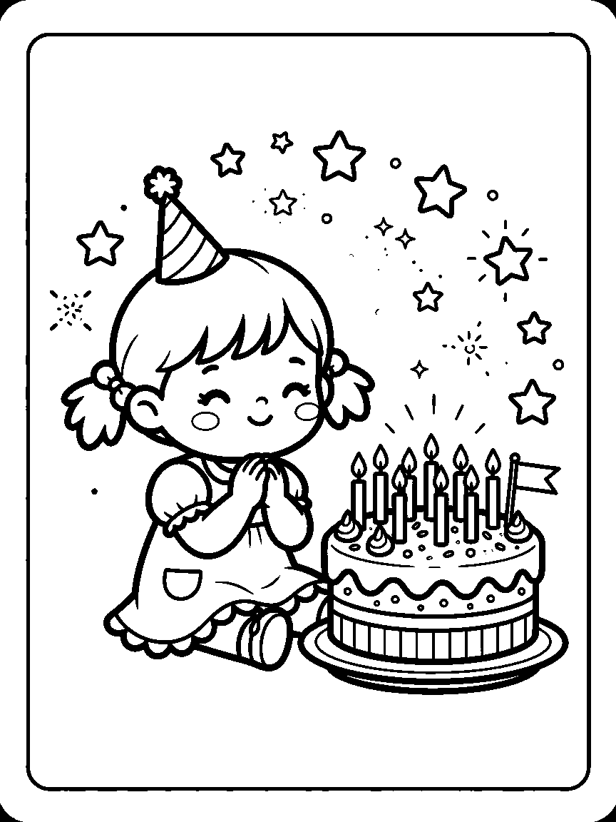 Coloring page of a child making a wish over a cake with closed eyes and star sparkles