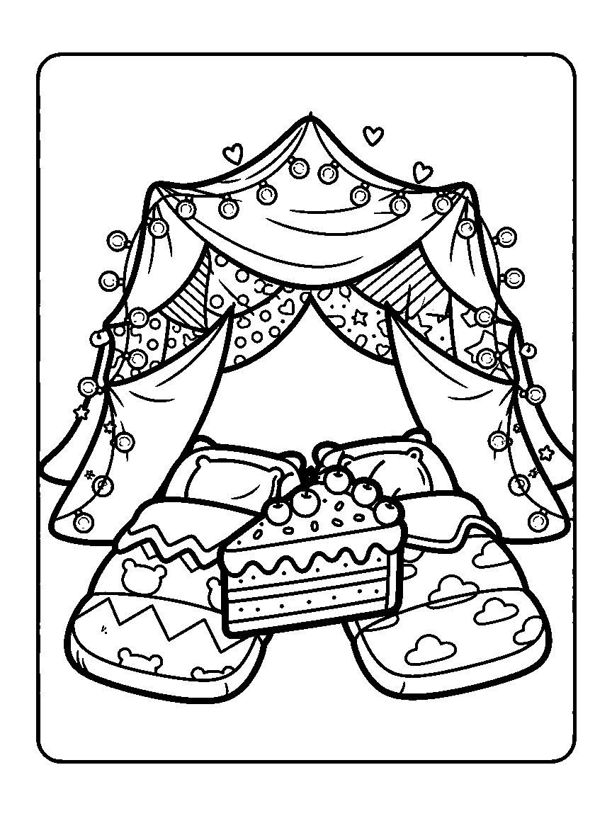 Coloring page of a blanket fort with a cake slice, circle string lights, and cozy bedding