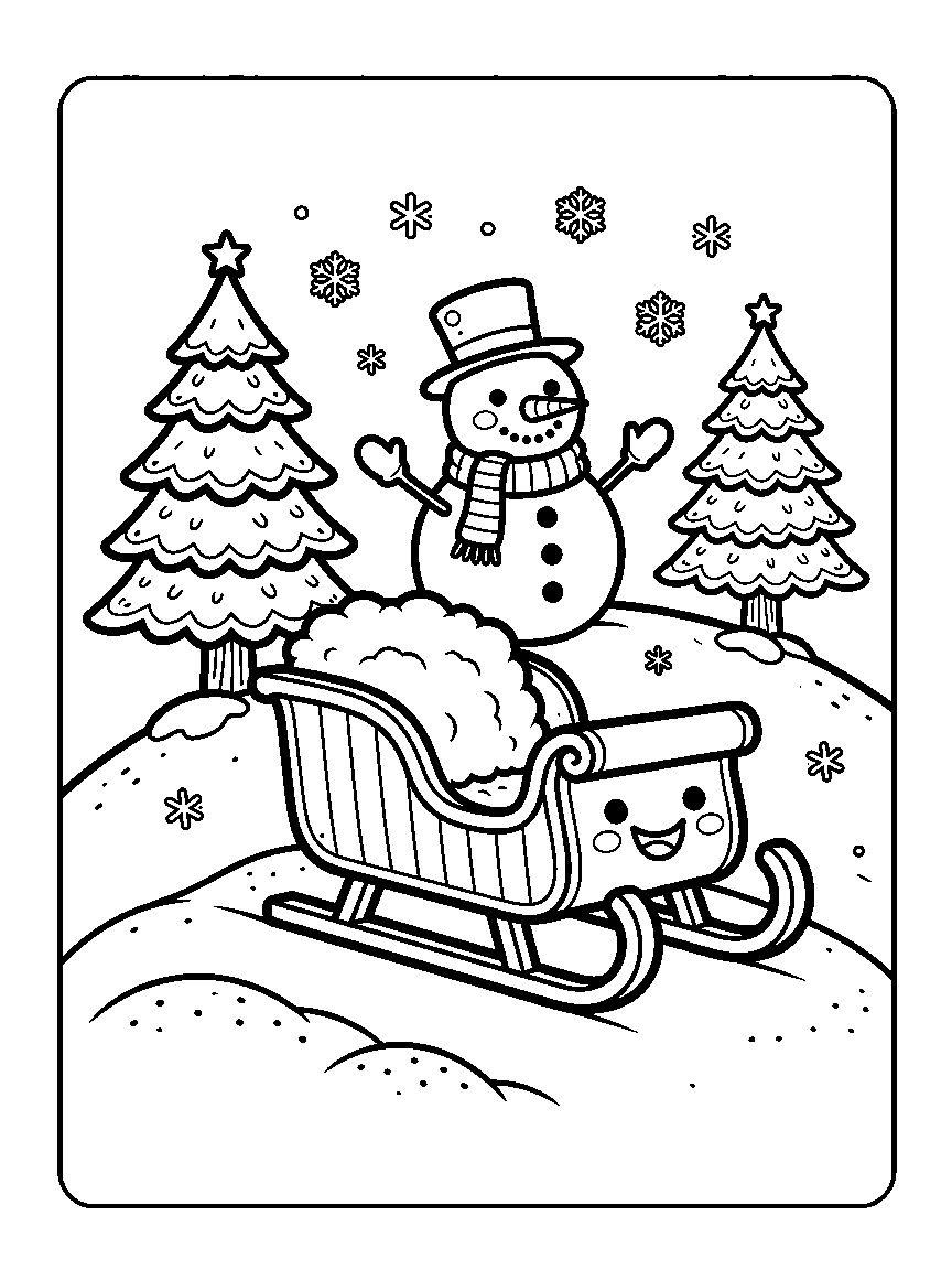 Coloring page of a smiling sleigh on a hill with two trees and a waving snowman