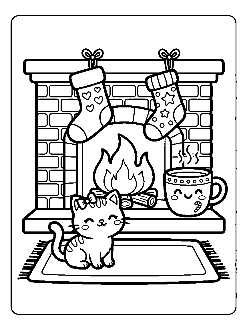 Coloring page of a fireplace with two hanging socks, a cat on a rug, a mug on the hearth, and simple flames